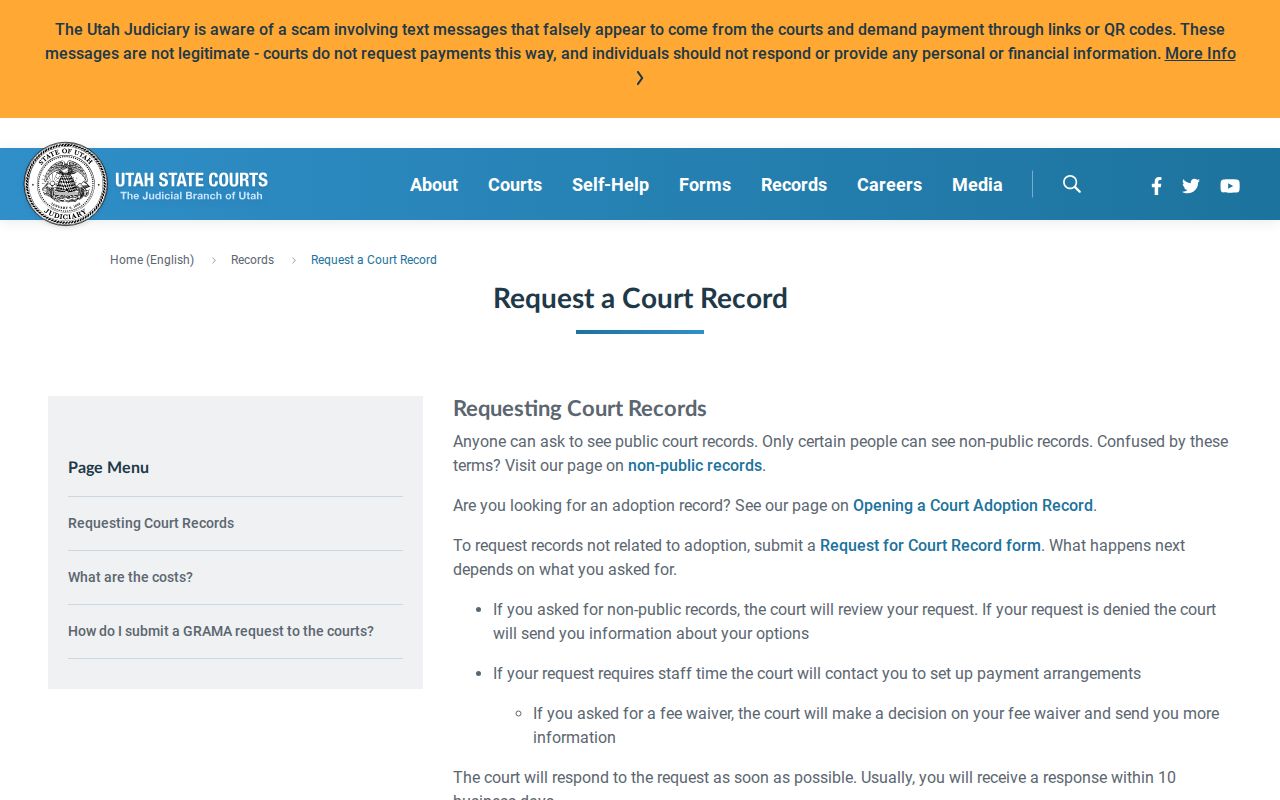 Juab County court record request process from Utah Courts