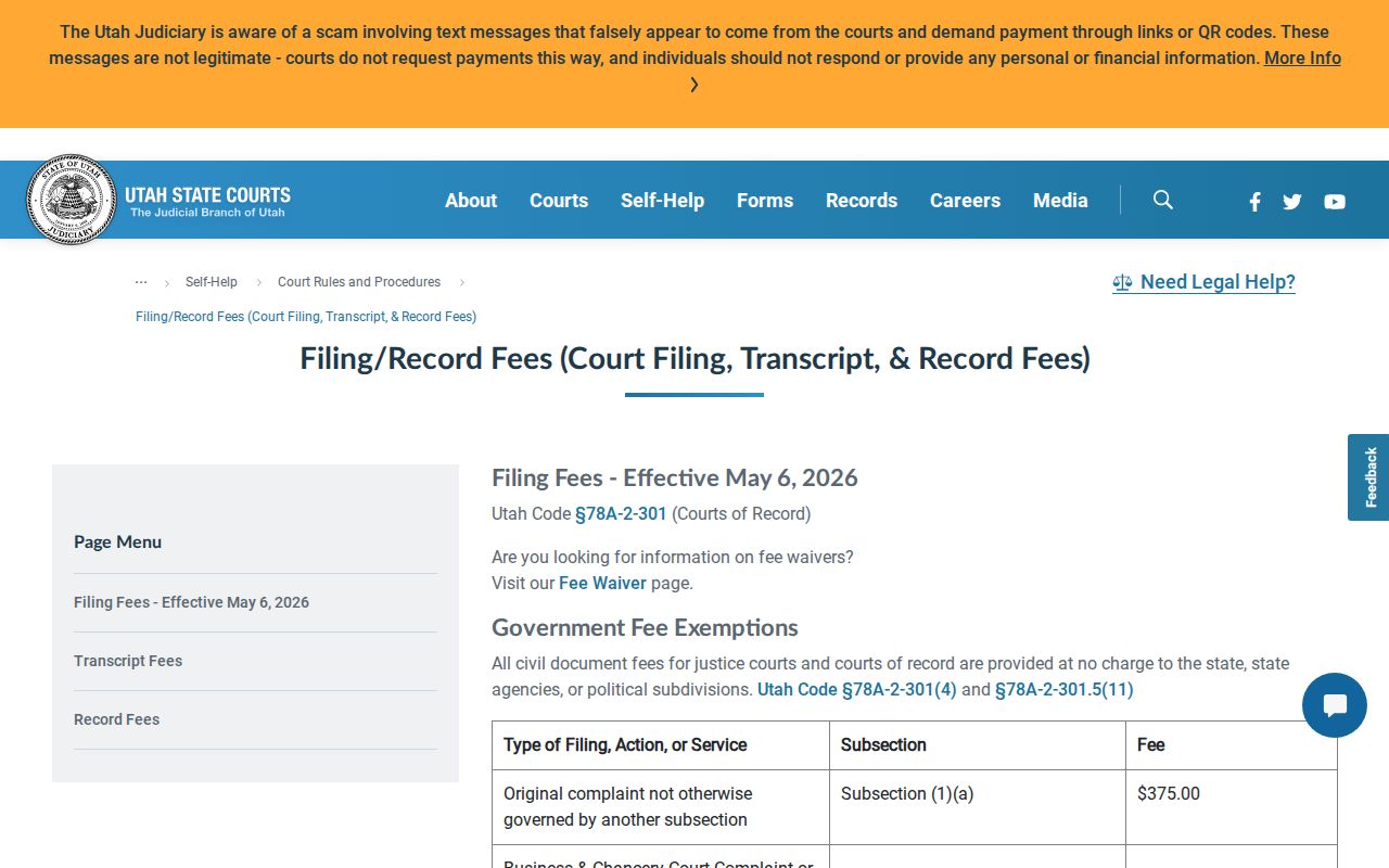 Juab County court record certified and exemplified copy fees