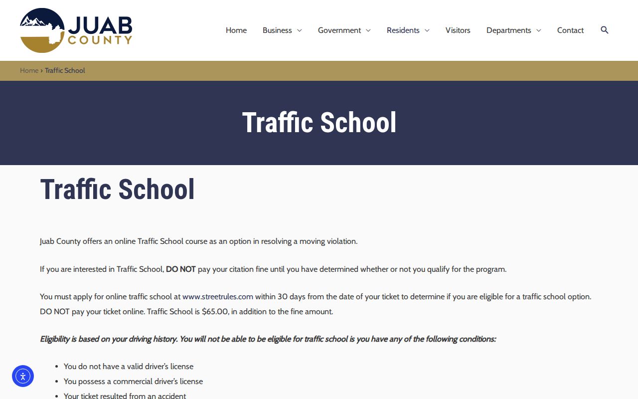Juab County traffic ticket school eligibility and fee information